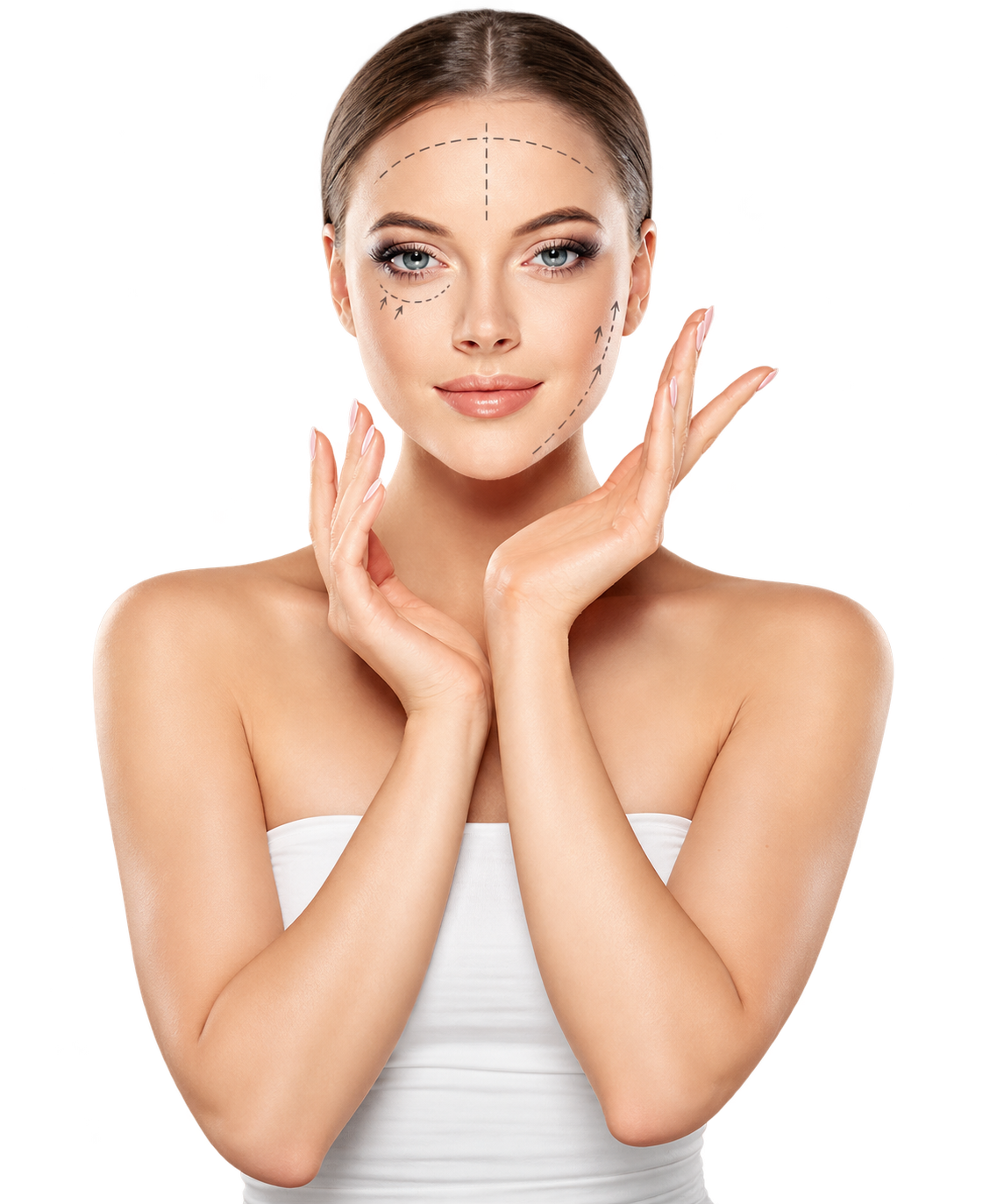 Woman with cosmetic pencil planning markings and hands framing her face